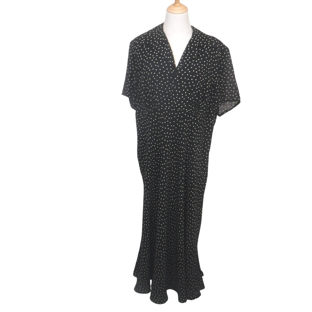 Talbots Woman Black Polka Dot Maxi Dress V-Neck Short Sleeve Lined 16W